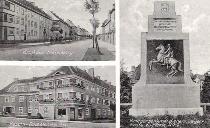 Gruss aus Insterburg, Kaserne-Ecke Memeierstr., Kriegerdenkmal, Insterburg